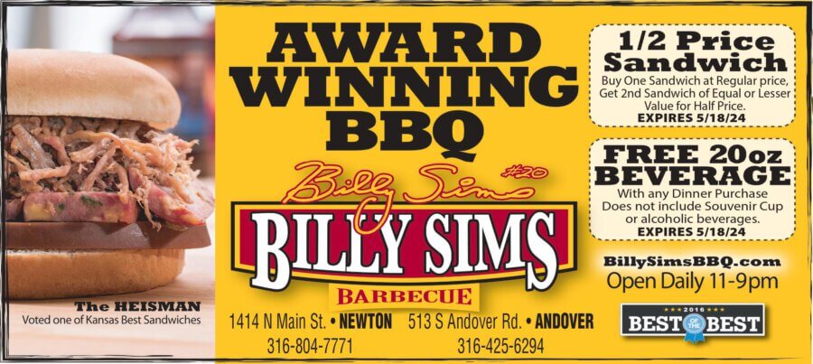 Billy Sims BBQ Restaurant Newton KS coupons, dining, catering, Buy Local Magazine 2024 03 MARCH