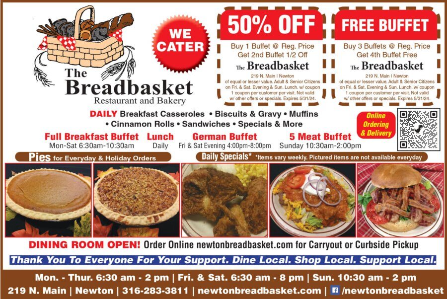 Breadbasket Restaurant Bakery Newton KS coupons Dining, buffet, catering, banquet room, Buy Local Plus Magazine 2024 03 MARCH