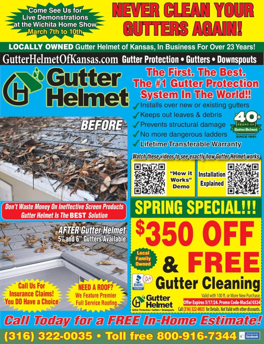 Gutter Helmet McPherson Hutchinson, Newton KS gutter protection coupons, roofing, home improvement Buy Local Magazine Harvey MAC-Salina Magazine 2024 03 MARCH