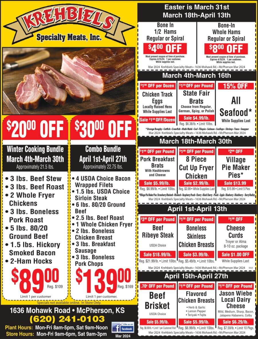 Krehbiels Specialty Meats McPherson KS coupons, processing, butcher, gift shop, McPherson County Plus Magazine on Buy Local Plus MAC Magazine 2024 03 MARCH