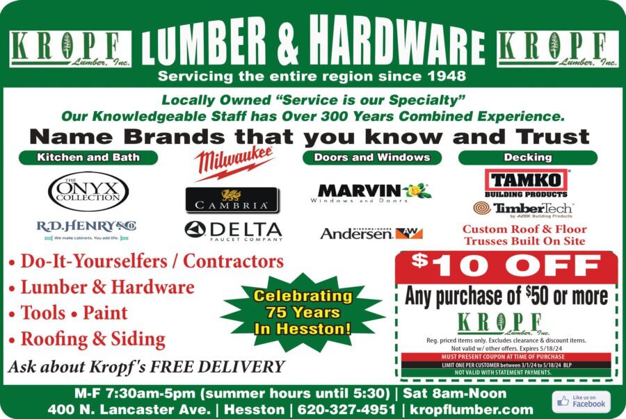 Kropf Lumber Hardware Flooring Doors Windows Bath Shop Hesston KS 67062 Buy Local Plus Magazine 2024 03 MARCH