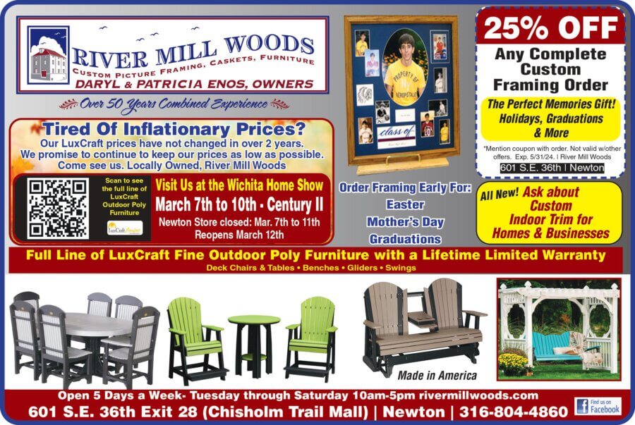 River Mill Woods Newton KS Framing coupon, Custom Furniture, Caskets, Urns Buy Local Magazine 2024 03 MARCH