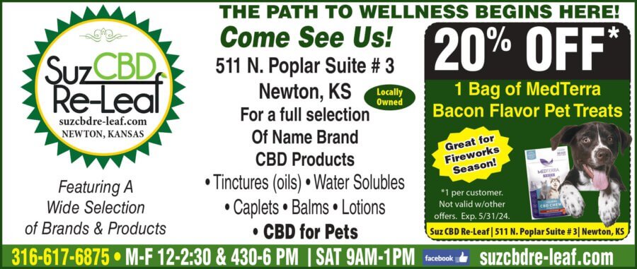 Suz CBD Re-Leaf Newton KS cbd coupons, pet treats, pain relief, Buy Local Plus Magazine 2024 03 MARCH