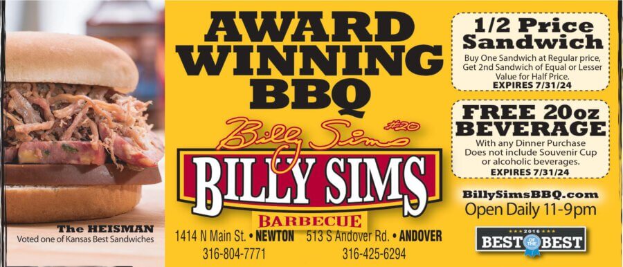 Billy Sims BBQ Restaurant Newton KS coupons, dining, catering, Buy Local Magazine 2024 05 MAY Coupons McPherson, Salina and Newton Kansas