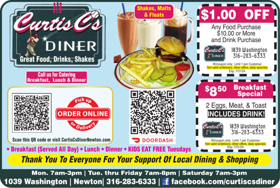 Curtis C's Diner Restaurant Newton KS coupons, dining, buffet, catering, Curtis Crawford Buy Local Plus Magazine 2024 05 MAY-HARVEY, Newton, McPherson, Salina Coupons