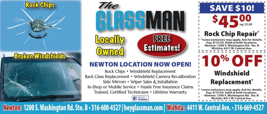 Glassman Newton KS winshield coupons, rock chip coupons, glass replacement, Buy Local Plus Magazine 2024 05 MAY Coupons McPherson, Salina and Newton Kansas