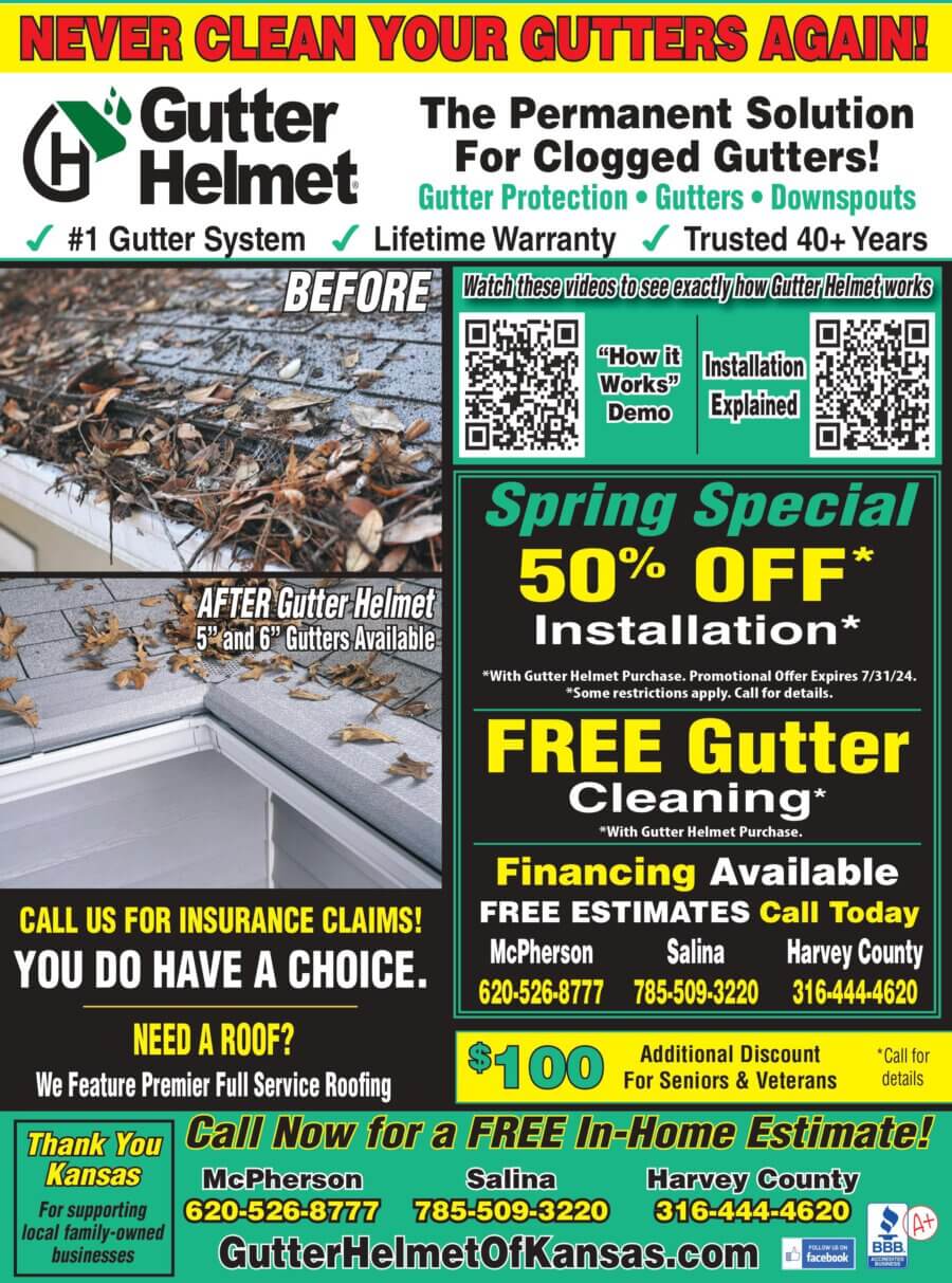 Gutter Helmet McPherson Hutchinson, Newton KS gutter protection coupons, roofing, home improvement Buy Local Magazine Harvey MAC-Salina Magazine 2024 05 MAY Coupons