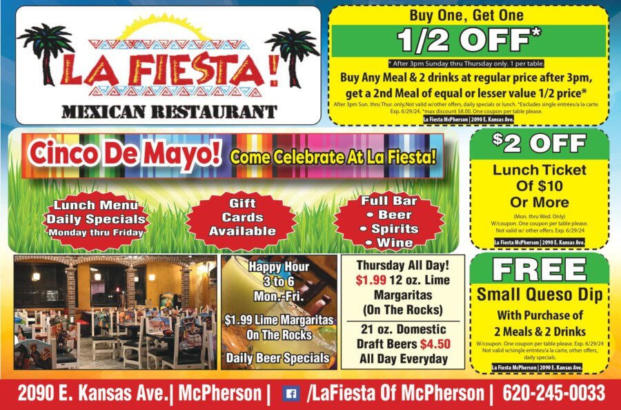 La Fiesta Mexican Restaurant McPherson KS coupons restaurant Dining, Buy Local Magazine McPherson-Salina Magazine 2024 05 MAY Coupons McPherson, Salina and Newton Kansas