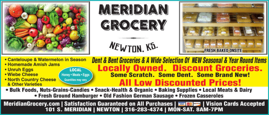 Meridian Grocery Newton KS coupons Dent and Bent, Whole foods, Natural Gluten Free Foods, bakery, Buy Local Plus Magazine 2024 05 MAY-HARVEY, Newton, McPherson, Salina Coupons