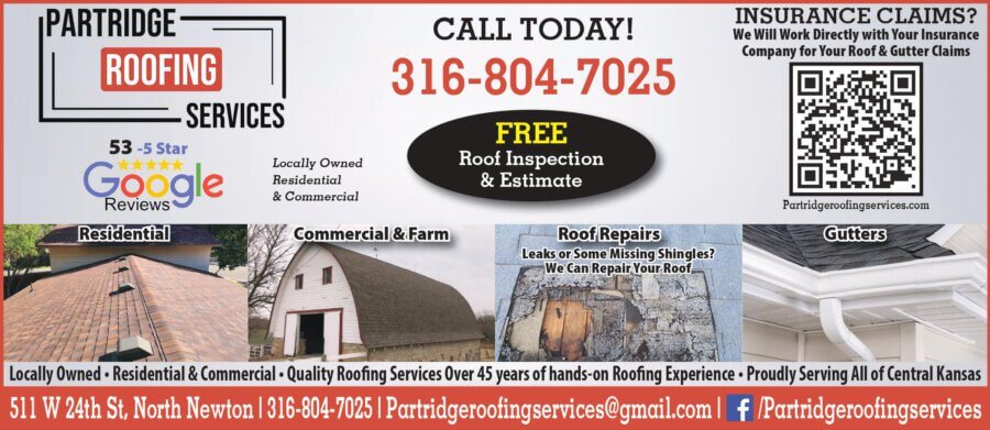 Partridge Roofing Service Newton KS roofing and guttering Magazine 2024 05 MAY Coupons McPherson, Salina and Newton Kansas