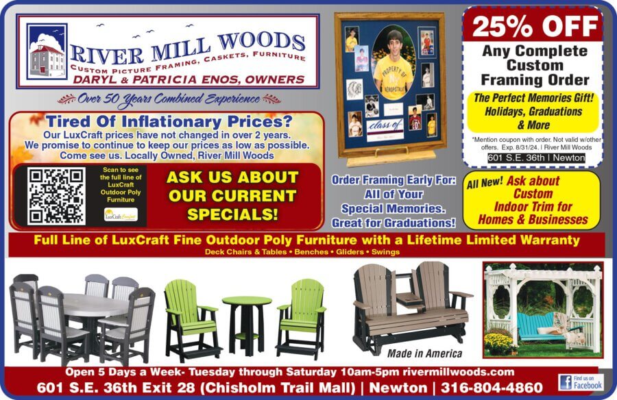 River Mill Woods Newton KS Framing coupon, Custom Furniture, Caskets, Urns Buy Local Magazine 2024 05 MAY Coupons McPherson, Salina and Newton Kansas
