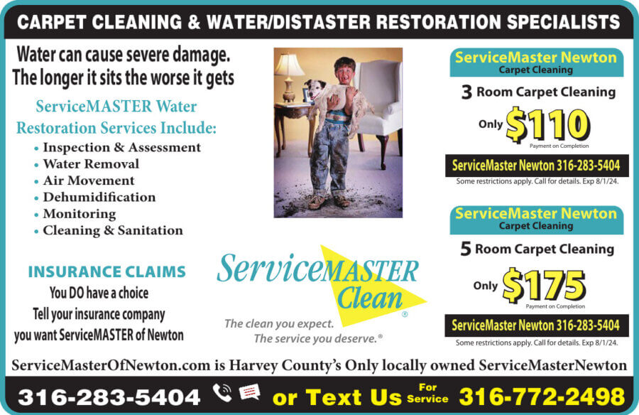 ServiceMaster Newton KS Carpet Cleaning coupons, Water & Disaster Restoration, Janitorial Buy Local Magazine 2024 05 MAY-HARVEY, Newton, McPherson, Salina Coupons