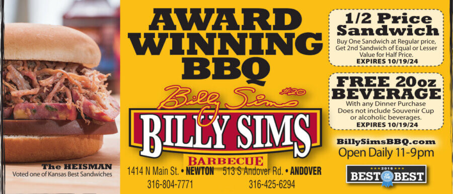 Billy Sims BBQ Newton KS Restaurant coupons, dining, catering, Buy Local Magazine 2024 08 AUGUST