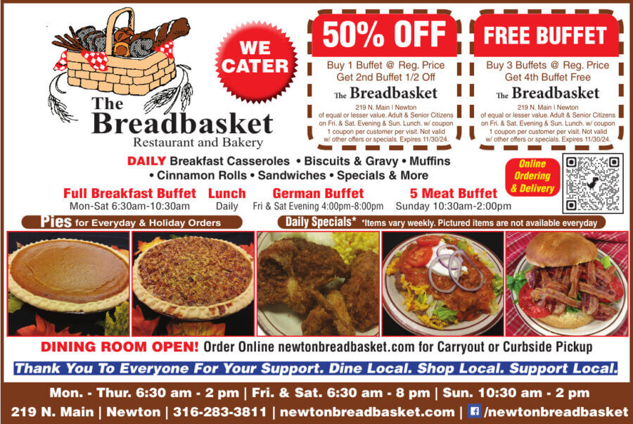 Breadbasket Restaurant Bakery Newton KS coupons Dining, buffet, catering, banquet room, Buy Local Plus Magazine Coupons 2024 08 AUGUST