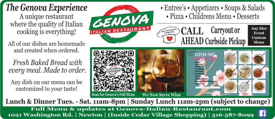 Genova Italian Restaurant Newton KS Dining, catering, Buy Local Plus MAC Magazine 2024 07 JULY Coupons McPherson, Salina and Newton Kansas
