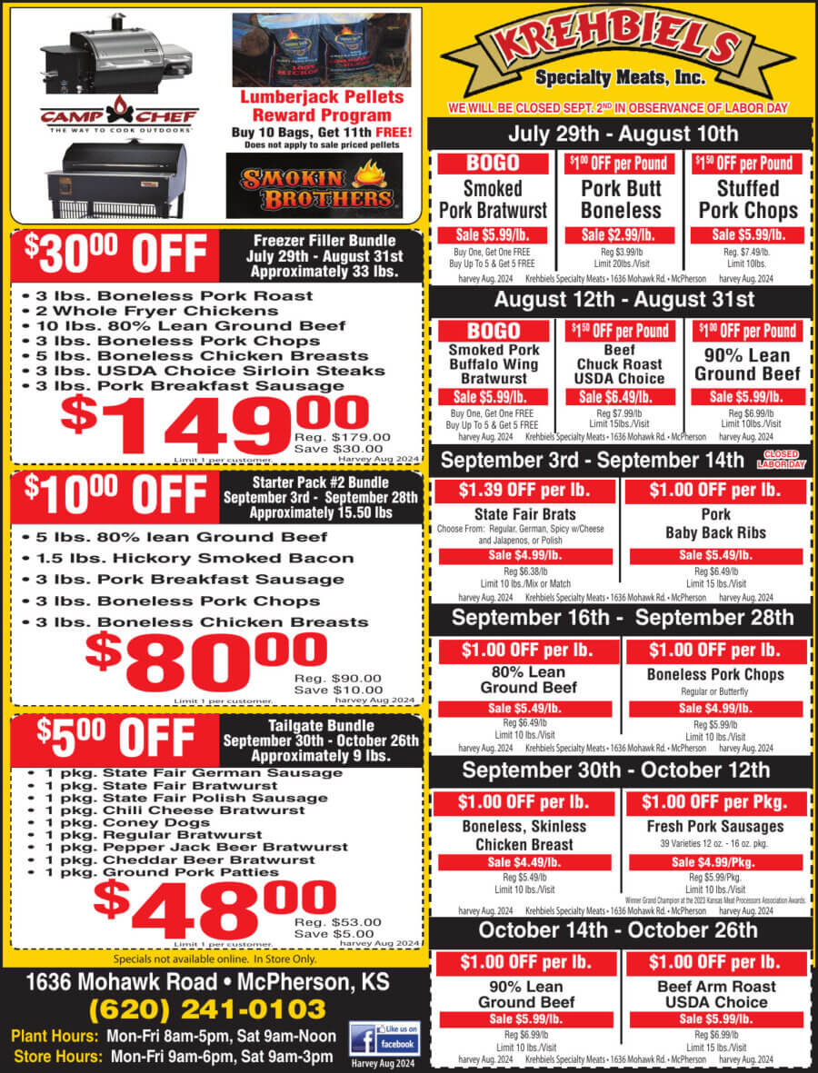 Krehbiels Specialty Meats McPherson KS coupons, processing, butcher, gift shop, McPherson County Plus Magazine on Buy Local Plus Magazine Coupons 2024 08 AUGUST