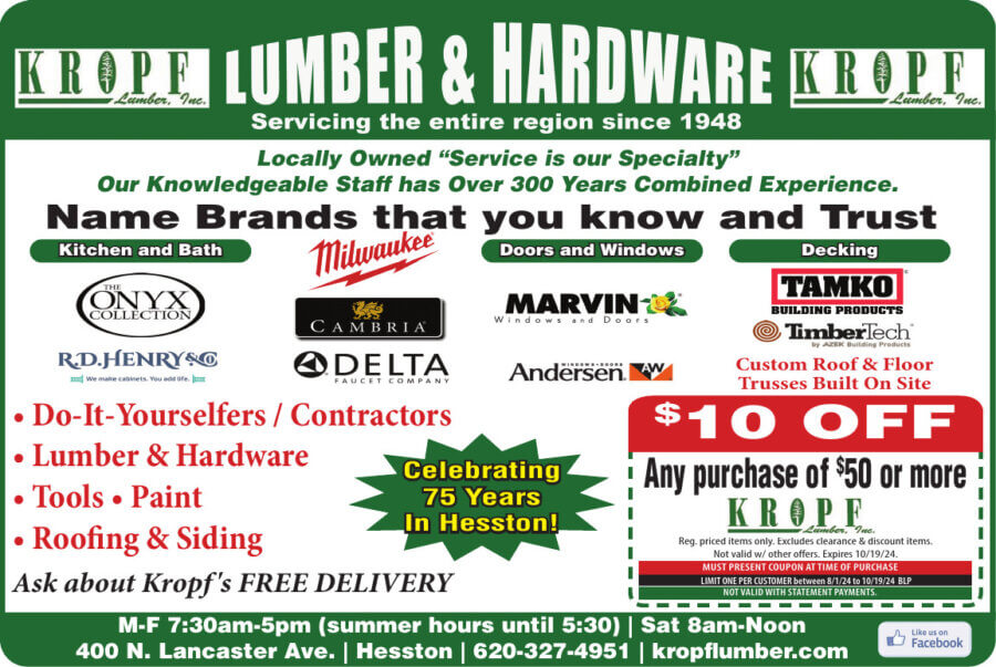 Kropf Lumber Hardware Flooring Doors Windows Bath Shop Hesston KS 67062 Buy Local Plus Magazine Coupons 2024 08 AUGUST