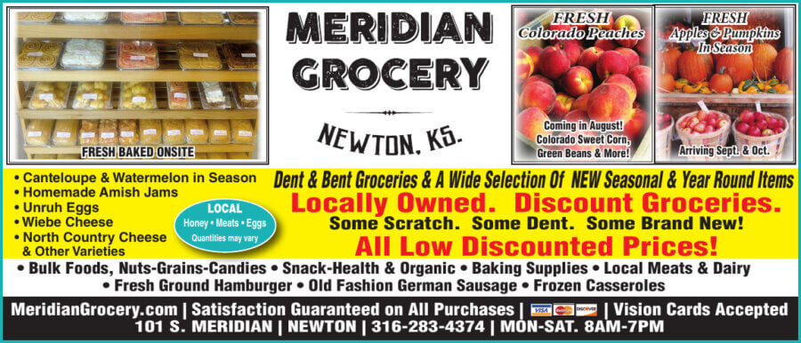 Meridian Grocery Newton KS coupons Dent and Bent, Whole foods, Natural Gluten Free Foods, bakery, Buy Local Plus Magazine Coupons 2024 08 AUGUST
