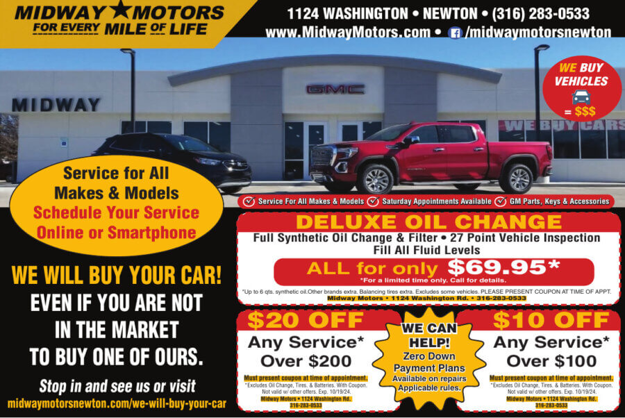Midway Motors Newton KS Oil Change coupons, Auto Service Tires, Car Sales, Buy Local Plus Magazine Coupons 2024 08 AUGUST
