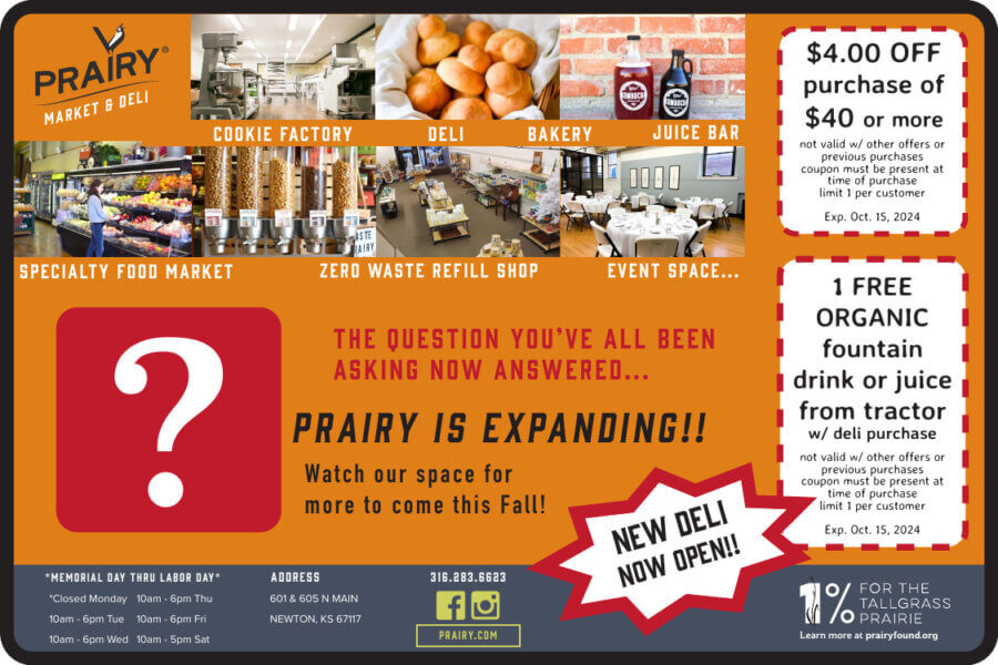 Prairy Market Deli-Newtons KS Grocery coupons, Restaurant, Whole foods, Natural, Gluten Free Foods, Buy Local Plus Magazine Coupons 2024 08 AUGUST