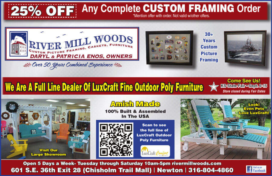 River Mill Woods Newton KS Framing coupon, Custom Furniture, Caskets, Urns Buy Local Plus Magazine Coupons 2024 08 AUGUST