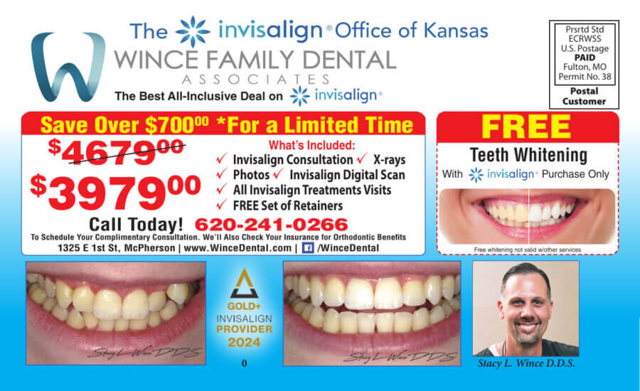 Wince Family Dental Associattes McPherson KS Dental coupons, Invisalign Gold Provider Buy Local Plus Magazine Coupons 2024 08 AUGUST McPherson, Salina and Newton Kansas