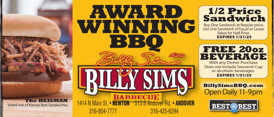 Billy Sims BBQ Newton KS Restaurant coupons, dining, catering, Buy Local Magazine 2024 10 OCTOBER