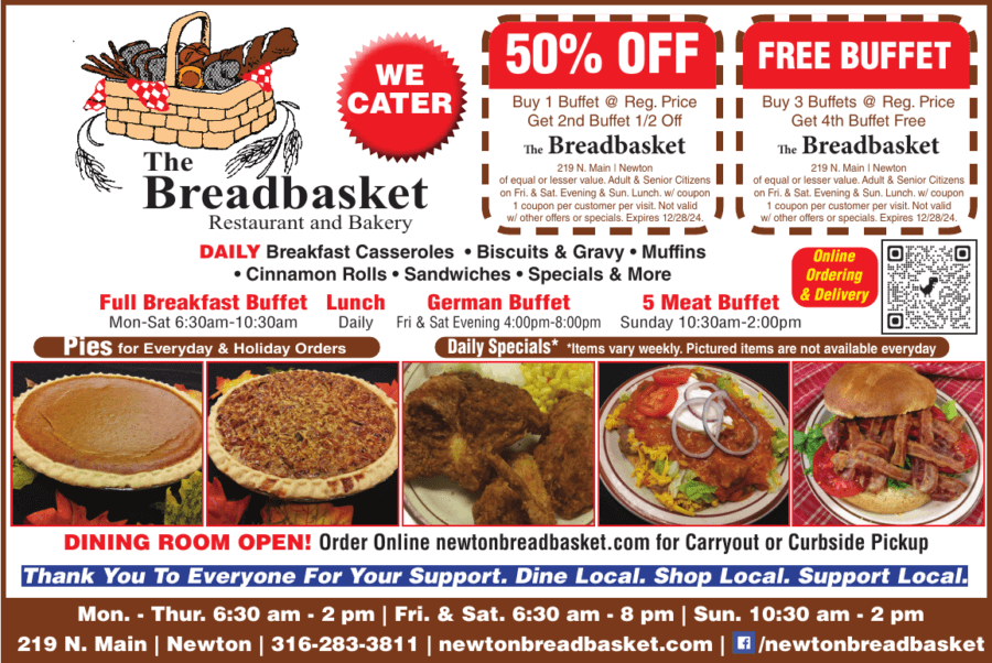 Breadbasket Restaurant Bakery Newton KS coupons Dining, buffet, catering, banquet room, Buy Local Plus Magazine 2024 10 OCTOBER