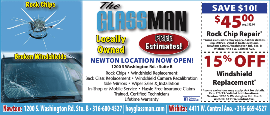 Glassman Newton KS winshield coupons, rock chip coupons, glass replacement, Buy Local Plus Magazine Coupons Newton Kansas 2024 10 OCTOBER