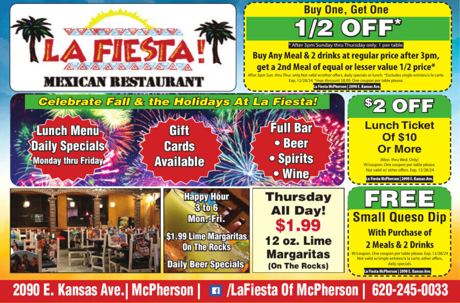 La Fiesta Mexican Restaurant McPherson KS coupons restaurant Dining, Buy Local Magazine Coupons McPherson Salina KS 2024 10 OCTOBER