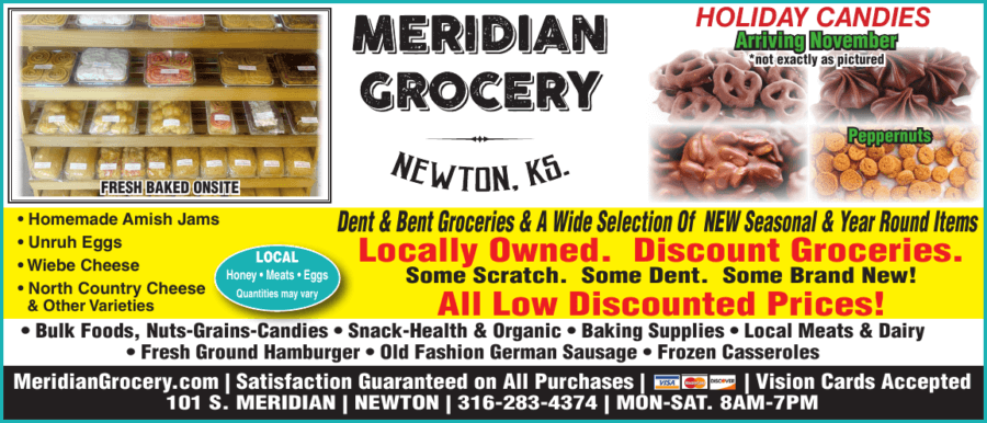 Meridian Grocery Newton KS coupons Dent and Bent, Whole foods, Natural Gluten Free Foods, bakery, Buy Local Plus Magazine Coupons 2024 10 OCTOBER