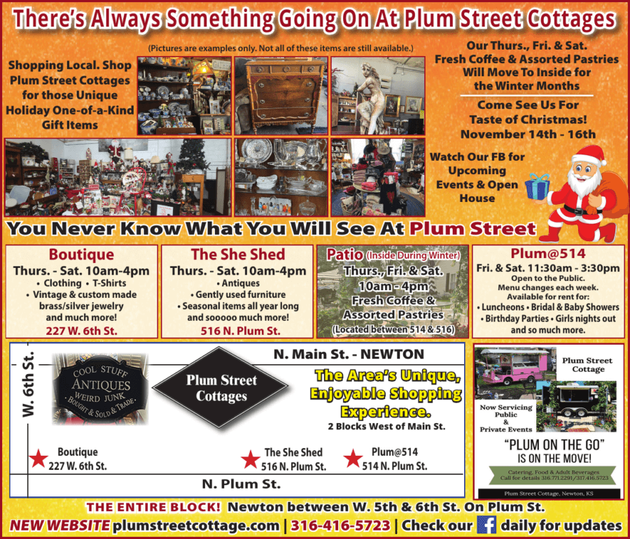 Plum Street Cottage Newton KS Coupons Arts, crafts, food, Estate Sales, Antiques, Furniture, on Buy Local Plus Magazine Coupons 2024 10 OCTOBER