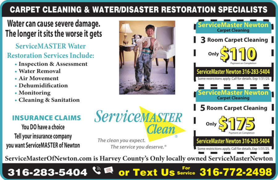 ServiceMaster Newton KS Carpet Cleaning coupons, Water & Disaster Restoration, Janitorial Buy Local Plus Magazine Coupons 2024 10 OCTOBER