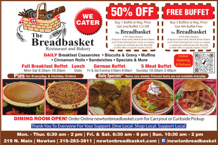 Breadbasket Restaurant Bakery Newton KS coupons Dining, buffet, catering, banquet room, Buy Local Plus Magazine Coupons 2025 01 JANUARY