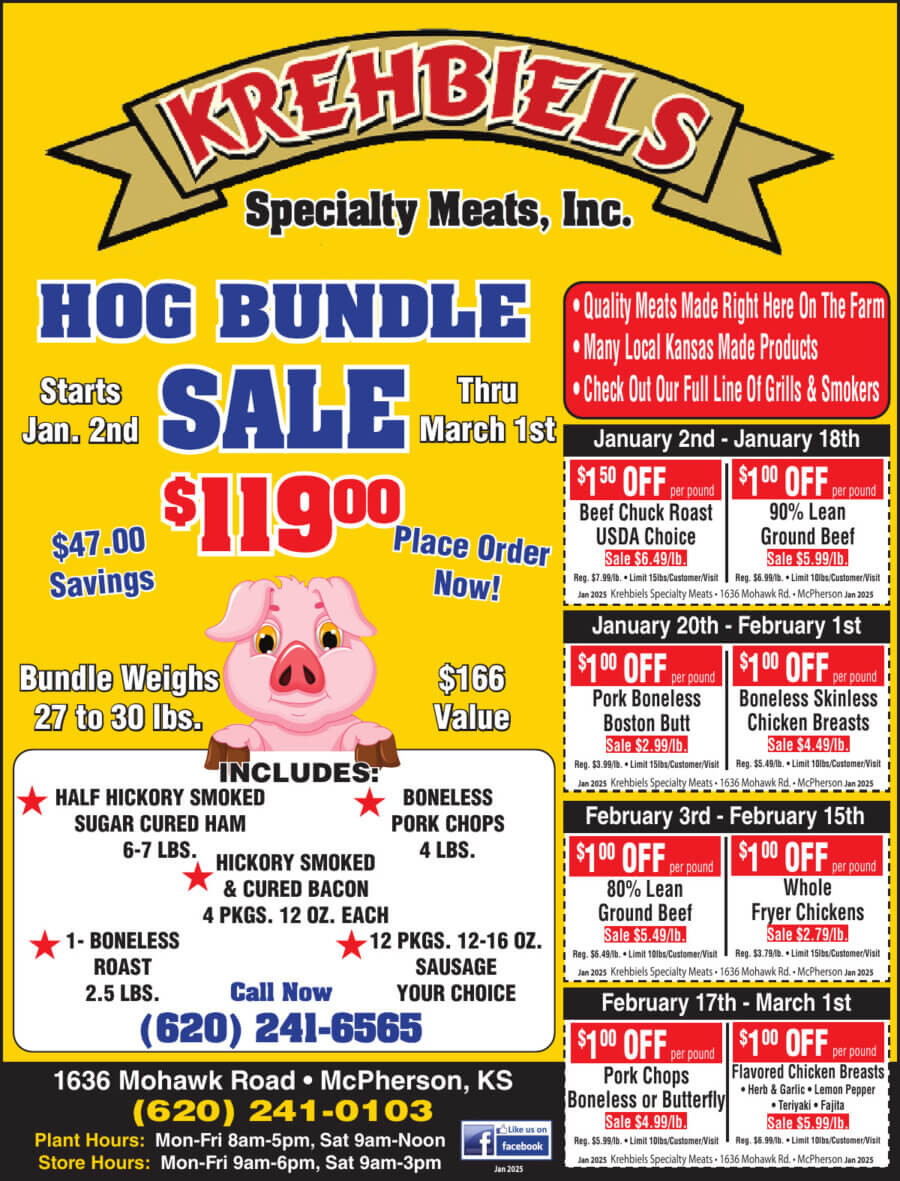 Krehbiels Specialty Meats McPherson KS coupons, processing, butcher, gift shop, Buy Local Magazine Coupons McPherson Salina KS 2025 01 JANUARY