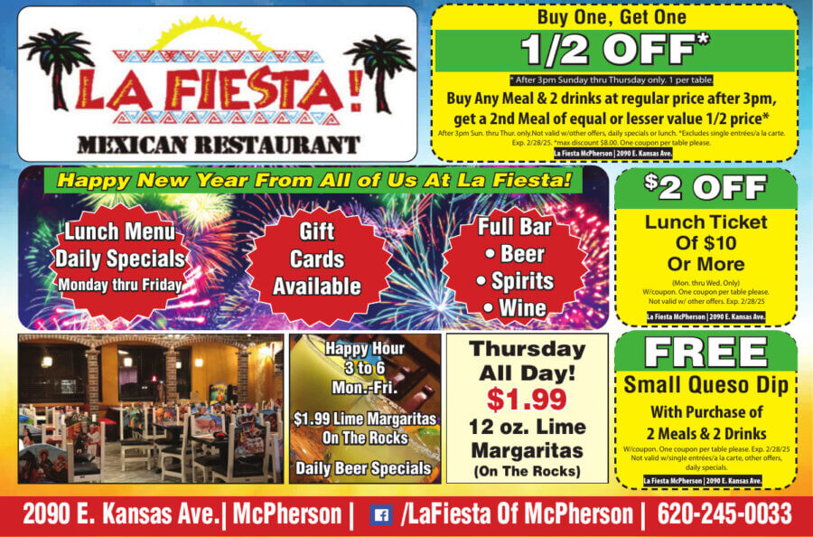 La Fiesta Mexican Restaurant McPherson KS coupons restaurant Dining, Buy Local Magazine Coupons McPherson Salina KS 2025 01 JANUARY