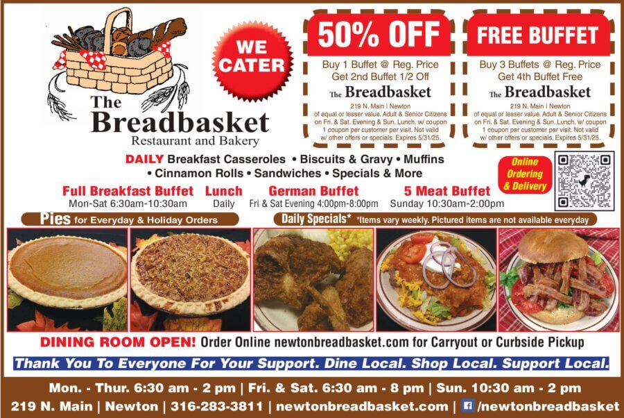 Breadbasket Restaurant Bakery Newton KS coupons Dining, buffet, catering, banquet room, Buy Local Magazine 2025 03 MARCH coupons