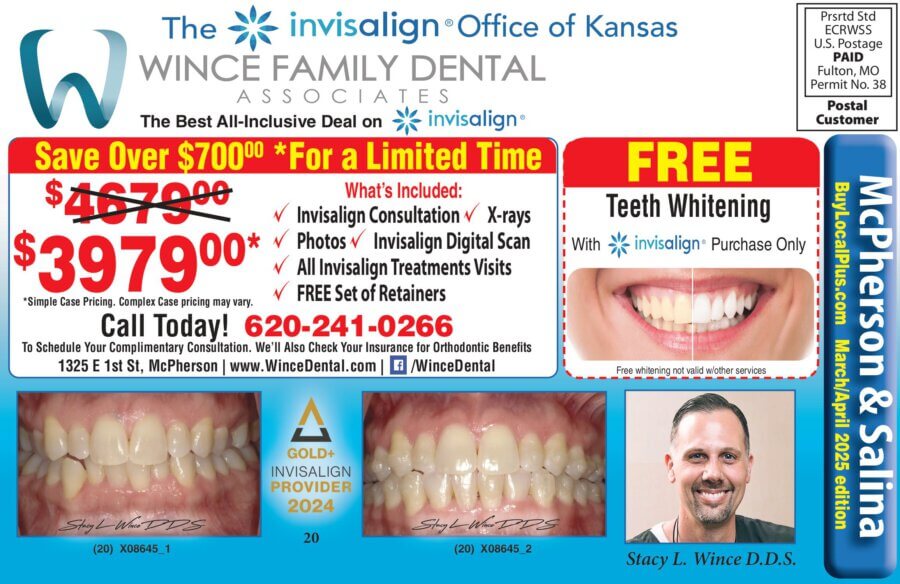 Wince Family Dental Associates McPherson, Salina, Newton KS coupons Invisalign Gold Provider Salina and Newton Kansas Buy Local Magazine 2025 03 MARCH coupons